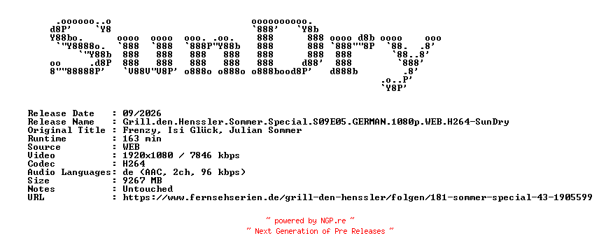 NFO for the release Grill.den.Henssler.Sommer.Special.S09E05.GERMAN.1080p.WEB.H264-SunDry by SunDry