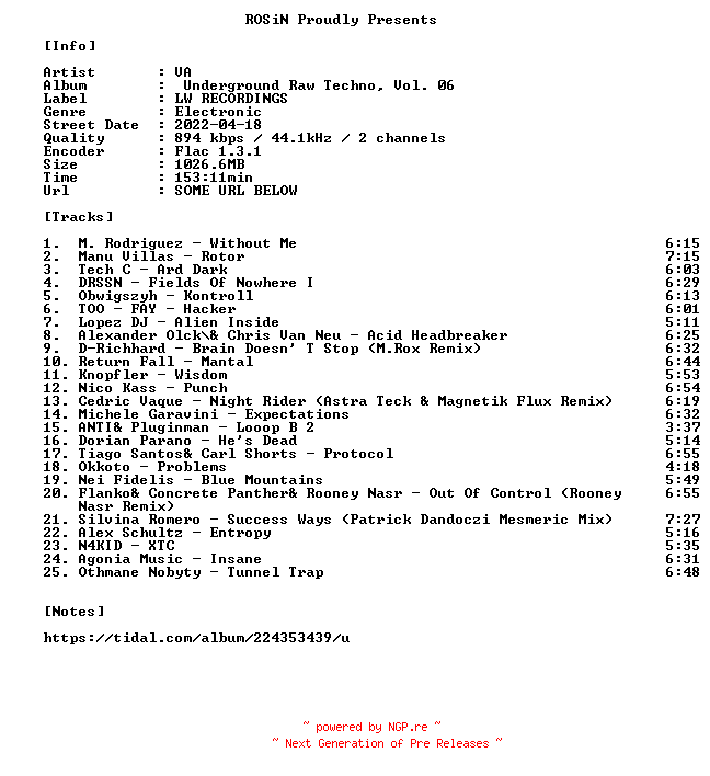 NFO for the release VA-Underground_Raw_Techno_Vol._06-16BIT-WEB-FLAC-2022-ROSiN by ROSiN