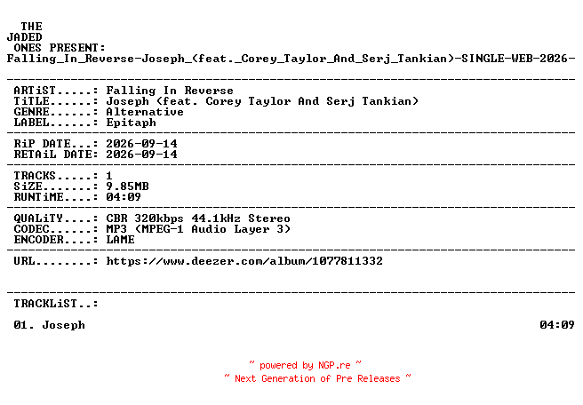 NFO for the release Falling_In_Reverse-Joseph_(feat._Corey_Taylor_And_Serj_Tankian)-SINGLE-WEB-2026-JADED by JADED