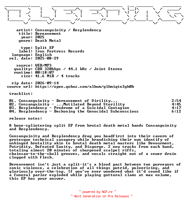 NFO for the release Consanguinity-Resplendency--Bereavement-Split-EP-WEB-2025-BLEEDiNG by BLEEDiNG