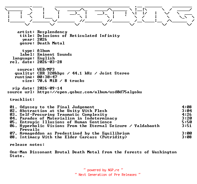 NFO for the release Resplendency-Delusions_of_Reticulated_Infinity-WEB-2026-BLEEDiNG by BLEEDiNG