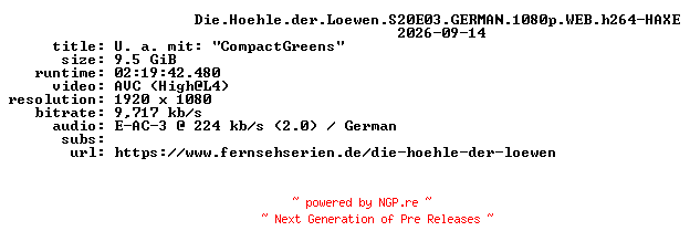 NFO for the release Die.Hoehle.der.Loewen.S20E03.GERMAN.1080p.WEB.h264-HAXE by HAXE