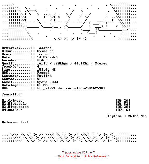 NFO for the release asstnt-Oximoron-OPR006-16BIT-WEB-FLAC-2026-WAVED by WAVED