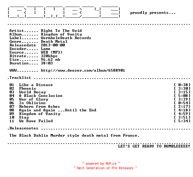NFO for the release Right_To_The_Void-Kingdom_Of_Vanity-(WEB)-2013-RUMBLE by RUMBLE