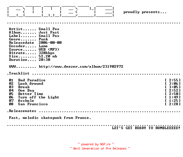 NFO for the release Small_Pox-Just_Fast-(WEB)-2006-RUMBLE by RUMBLE