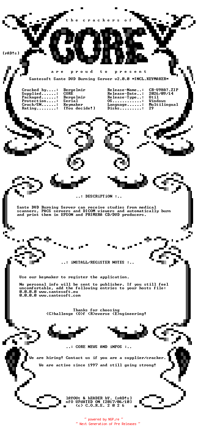 NFO for the release Santesoft.Sante.DVD.Burning.Server.v2.0.0.x64.Multilingual.Incl.Keymaker-CORE by CORE