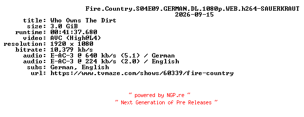 NFO for the release Fire.Country.S04E09.GERMAN.DL.1080p.WEB.h264-SAUERKRAUT by SAUERKRAUT