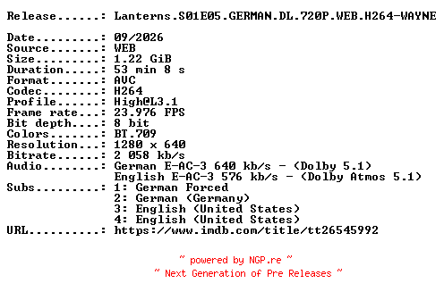 NFO for the release Lanterns.S01E05.GERMAN.DL.720P.WEB.H264-WAYNE by WAYNE