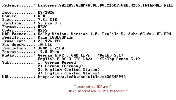 NFO for the release Lanterns.S01E05.GERMAN.DL.DV.2160P.WEB.H265.INTERNAL-RiLE by RiLE