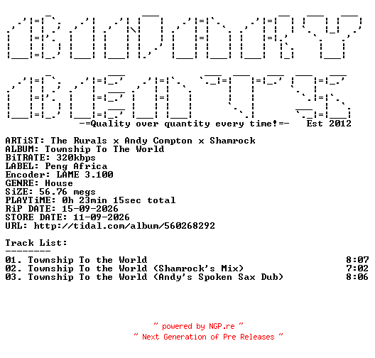 NFO for the release The_Rurals_x_Andy_Compton_x_Shamrock-Township_To_The_World-(PENGAFRICA043)-WEB-2026-BB by BB