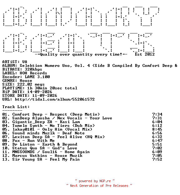 NFO for the release VA-Selektion_Numero_Uno_Vol._4_(Side_B_Compiled_By_Comfort_Deep_And_CrossMusiq)-(CAT2026023)-WEB-2026-BB by BB
