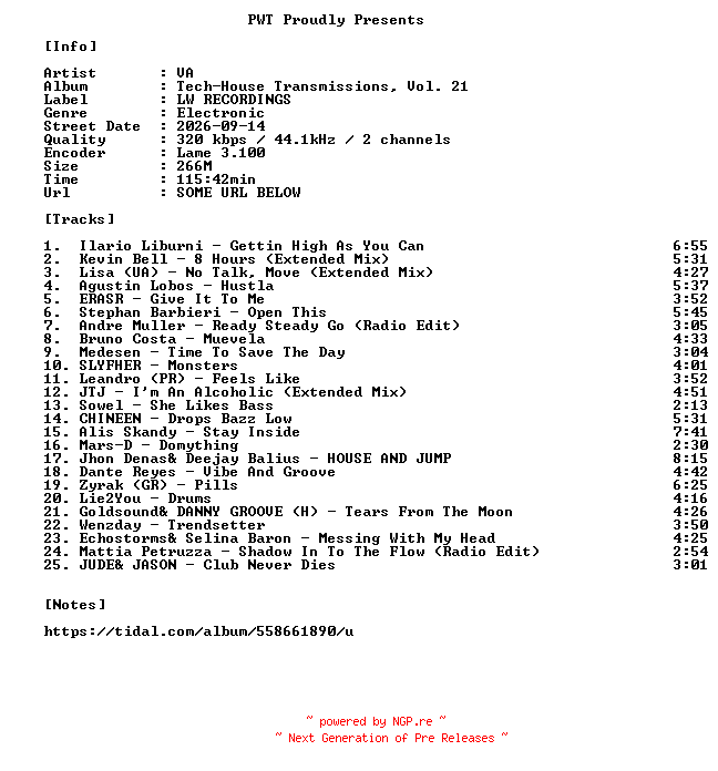 NFO for the release VA-Tech-House_Transmissions_Vol._21-WEB-2026-PWT by PWT
