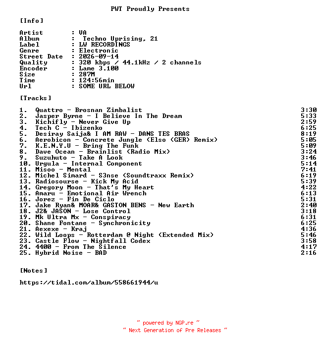 NFO for the release VA-Techno_Uprising_21-WEB-2026-PWT by PWT