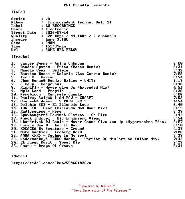 NFO for the release VA-Transcendent_Techno_Vol._21-WEB-2026-PWT by PWT