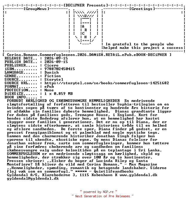 NFO for the release Corina.Bomann.Sommerfugleoeen.2026.DANiSH.RETAiL.ePub.eBOOK-DECiPHER by DECiPHER