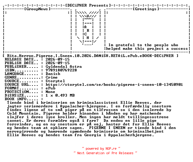NFO for the release Rita.Herron.Pigerne.I.Sneen.10.2026.DANiSH.RETAiL.ePub.eBOOK-DECiPHER by DECiPHER