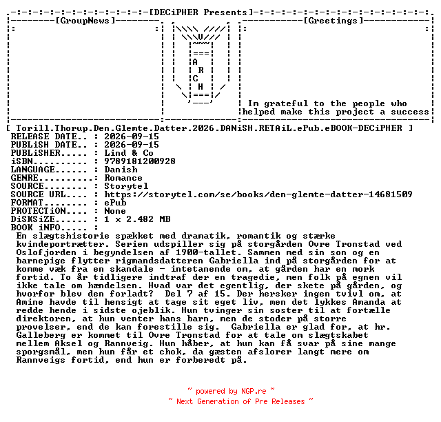 NFO for the release Torill.Thorup.Den.Glemte.Datter.2026.DANiSH.RETAiL.ePub.eBOOK-DECiPHER by DECiPHER