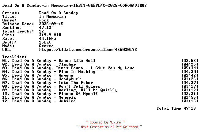 NFO for the release Dead_On_A_Sunday-In_Memoriam-16BIT-WEBFLAC-2025-CORONAVIRUS by CORONAVIRUS