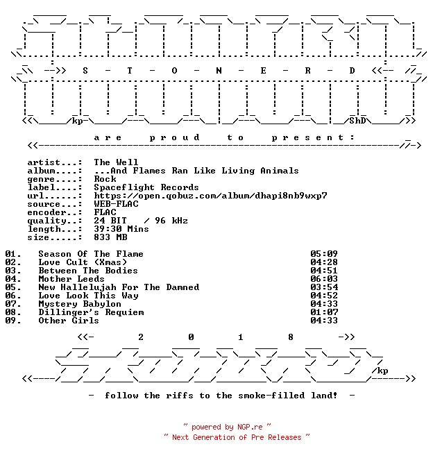 NFO for the release The_Well-And_Flames_Ran_Like_Living_Animals-24BIT-WEB-FLAC-2026-STONERD by STONERD