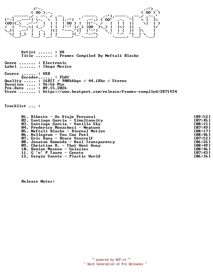 NFO for the release VA-Frames_Compiled_By_Neftali_Blasko-(IMCD06)-16BIT-WEB-FLAC-2012-FALCON by FALCON