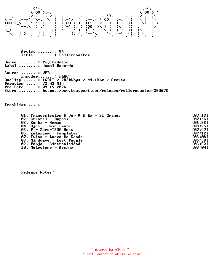 NFO for the release VA-Rollercoaster-(UXM011)-16BIT-WEB-FLAC-2010-FALCON by FALCON