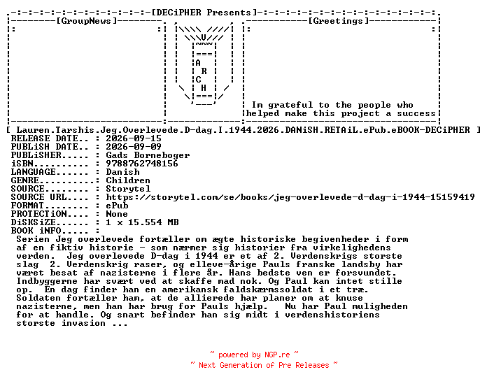 NFO for the release Lauren.Tarshis.Jeg.Overlevede.D.Dag.I.1944.2026.DANiSH.RETAiL.ePub.eBOOK-DECiPHER by DECiPHER