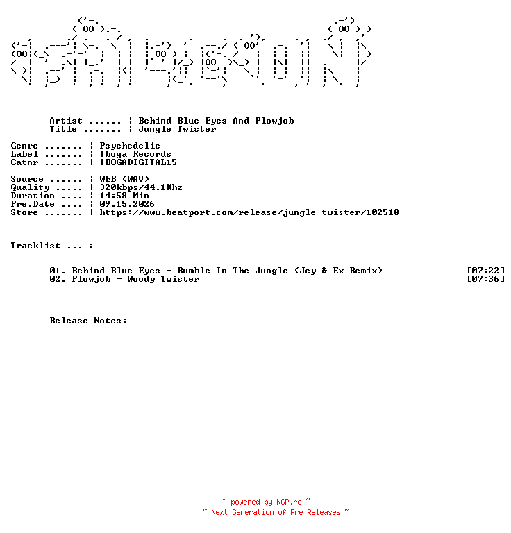 NFO for the release Behind_Blue_Eyes_And_Flowjob-Jungle_Twister-(IBOGADIGITAL15)-WEB-2008-FALCON by FALCON