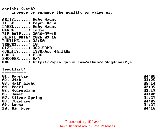 NFO for the release Ruby_Haunt-Paper_Halo-24BIT-WEB-FLAC-2026-ENRiCH by ENRiCH