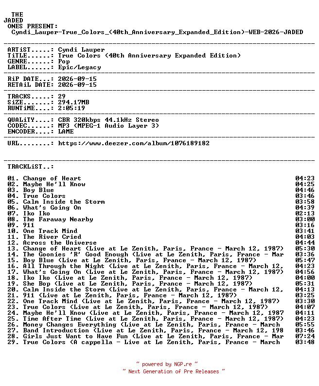 NFO for the release Cyndi_Lauper-True_Colors_(40th_Anniversary_Expanded_Edition)-WEB-2026-JADED by JADED