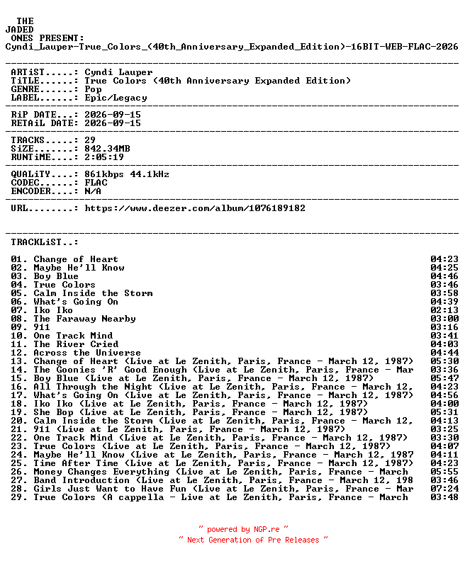 NFO for the release Cyndi_Lauper-True_Colors_(40th_Anniversary_Expanded_Edition)-16BIT-WEB-FLAC-2026-JADED by JADED