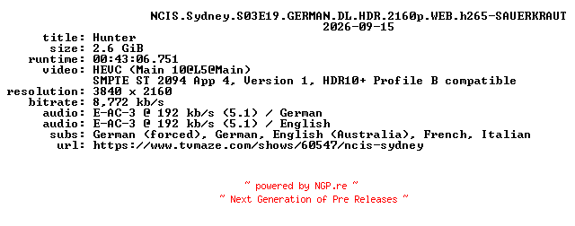 NFO for the release NCIS.Sydney.S03E19.GERMAN.DL.HDR.2160p.WEB.h265-SAUERKRAUT by SAUERKRAUT