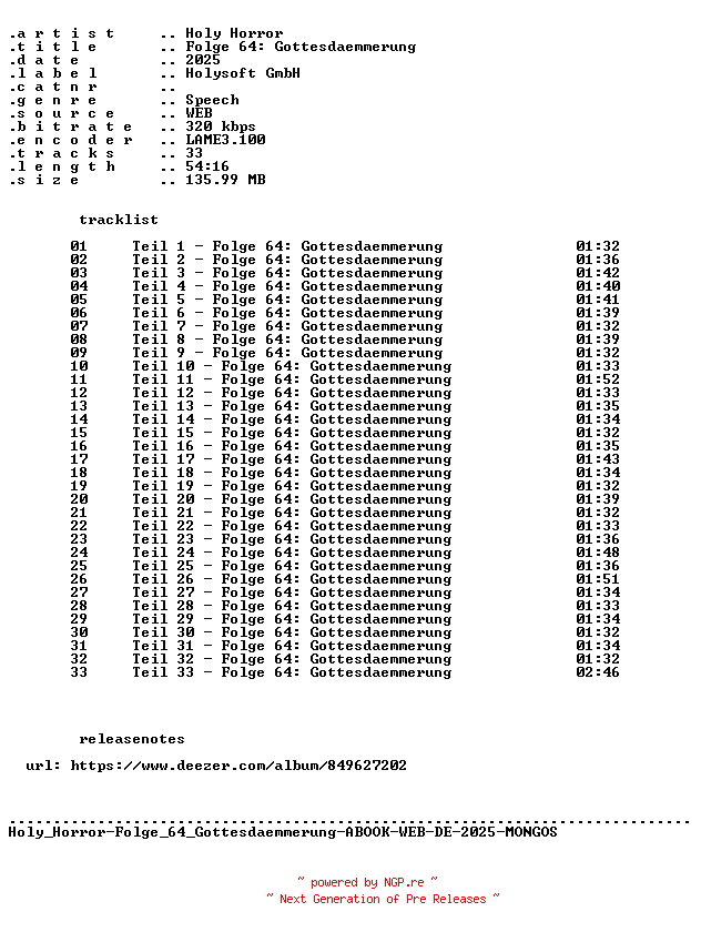 NFO for the release Holy_Horror-Folge_64_Gottesdaemmerung-ABOOK-WEB-DE-2025-MONGOS by MONGOS
