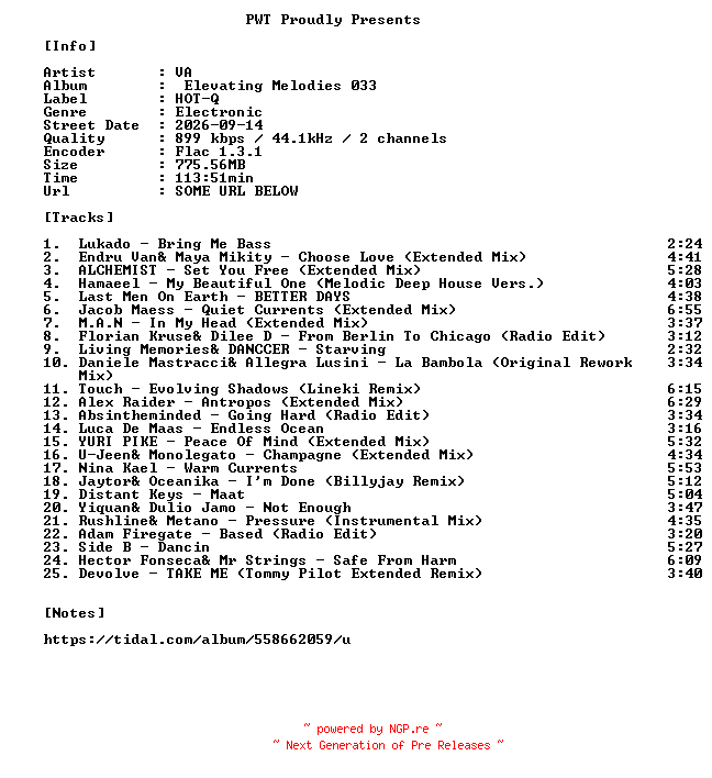 NFO for the release VA-Elevating_Melodies_033-16BIT-WEB-FLAC-2026-PWT by PWT