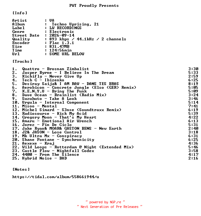 NFO for the release VA-Techno_Uprising_21-16BIT-WEB-FLAC-2026-PWT by PWT