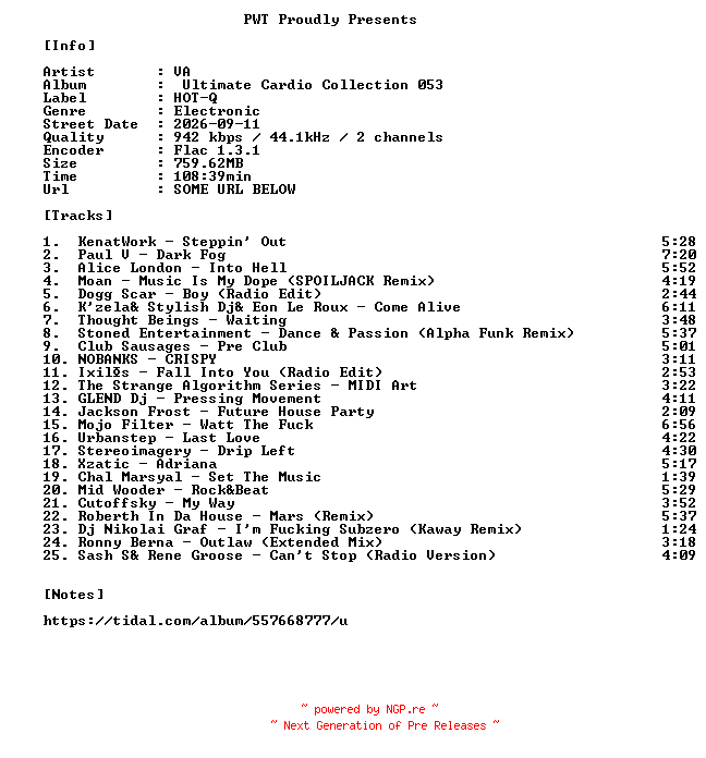 NFO for the release VA-Ultimate_Cardio_Collection_053-16BIT-WEB-FLAC-2026-PWT by PWT