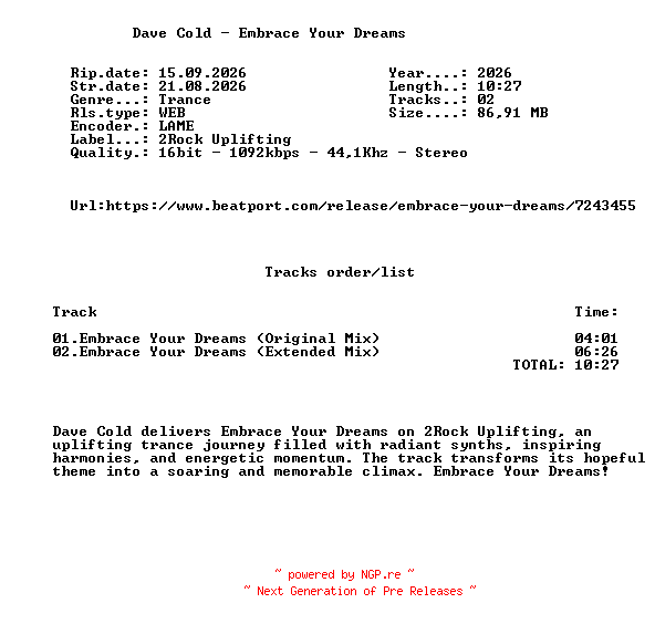 NFO for the release Dave_Cold-Embrace_Your_Dreams-(2RU112)-16BIT-WEB-FLAC-2026-FMC by FMC
