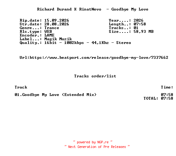 NFO for the release Richard_Durand_X_RinatNevo-Goodbye_My_Love-(MM1708-0)-SINGLE-16BIT-WEB-FLAC-2026-FMC by FMC