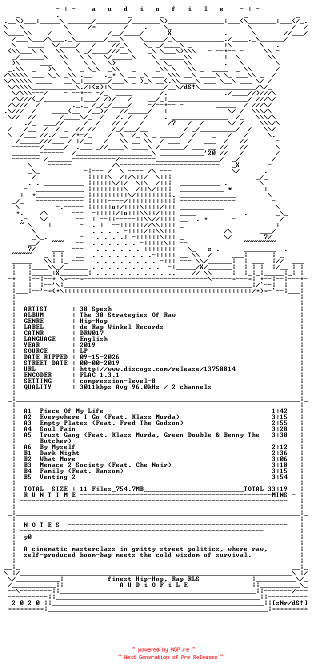 NFO for the release 38_Spesh-The_38_Strategies_Of_Raw-LP-FLAC-2019-AUDiOFiLE by AUDiOFiLE