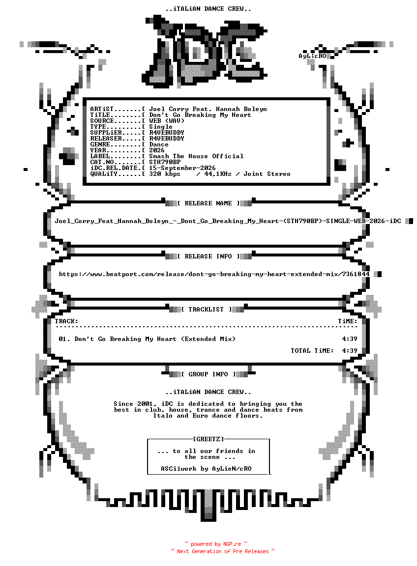 NFO for the release Joel_Corry_Feat_Hannah_Boleyn_-_Dont_Go_Breaking_My_Heart-(STH790BP)-SINGLE-WEB-2026-iDC by iDC