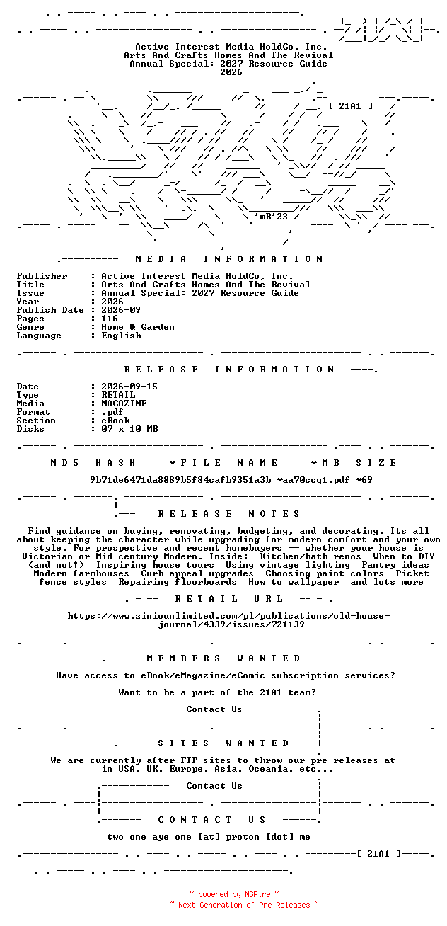 NFO for the release Arts.And.Crafts.Homes.And.The.Revival.Annual.Special.2027.Resource.Guide.2026.RETAIL.MAGAZINE.eBook-21A1 by 21A1