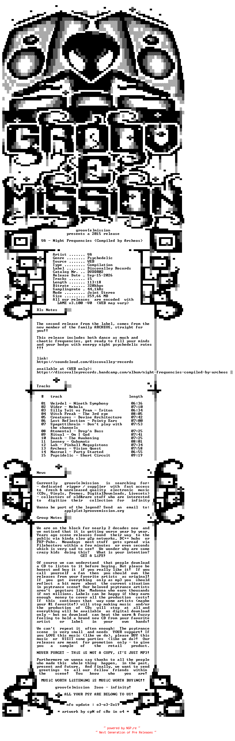 NFO for the release VA_-_Night_Frequencies_(Compiled_By_Archeos)-(DVDDR02)-WEB-2015-gEm by gEm