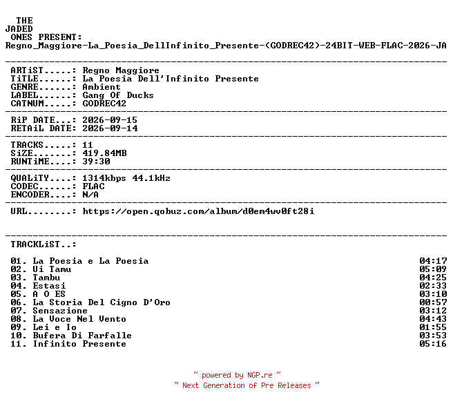 NFO for the release Regno_Maggiore-La_Poesia_DellInfinito_Presente-(GODREC42)-24BIT-WEB-FLAC-2026-JADED by JADED