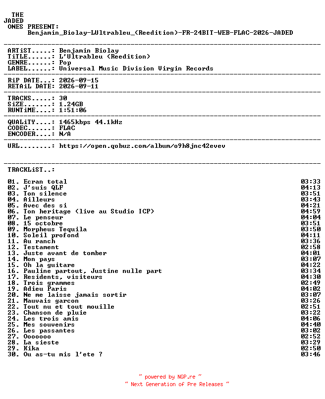 NFO for the release Benjamin_Biolay-LUltrableu_(Reedition)-FR-24BIT-WEB-FLAC-2026-JADED by JADED