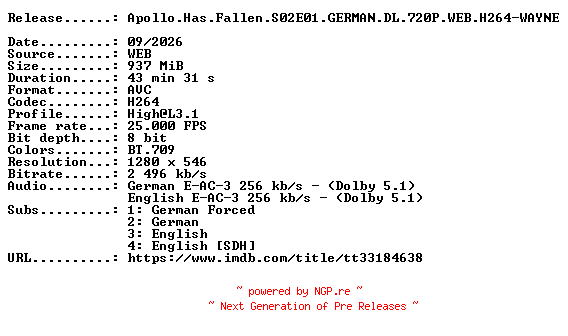 NFO for the release Apollo.Has.Fallen.S02E01.GERMAN.DL.720P.WEB.H264-WAYNE by WAYNE