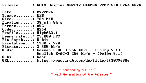 NFO for the release NCIS.Origins.S02E12.GERMAN.720P.WEB.H264-WAYNE by WAYNE