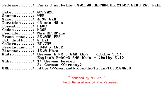 NFO for the release Paris.Has.Fallen.S01E08.GERMAN.DL.2160P.WEB.H265-RiLE by RiLE