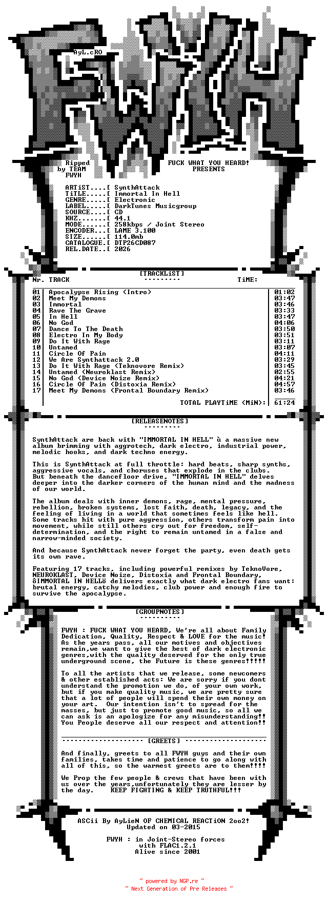NFO for the release SynthAttack-Immortal_In_Hell-Limited_Edition-CD-2026-FWYH by FWYH