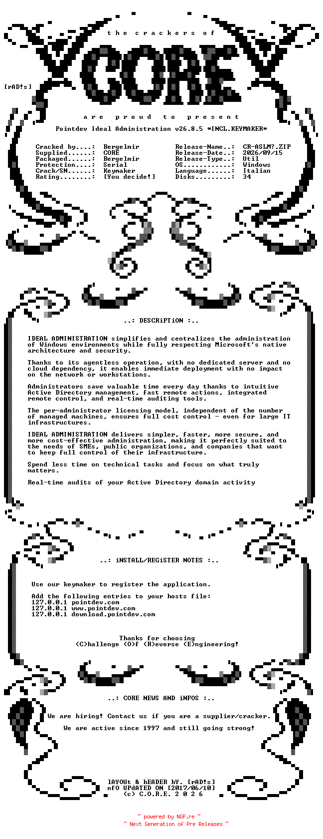 NFO for the release Pointdev.Ideal.Administration.v26.8.5.x64.Italian.Incl.Keymaker-CORE by CORE
