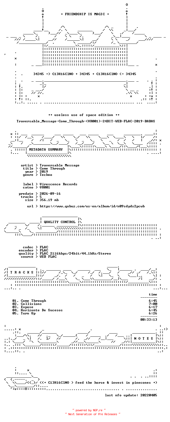 NFO for the release Traversable_Message-Come_Through-(VR001)-24BIT-WEB-FLAC-2019-BABAS by BABAS