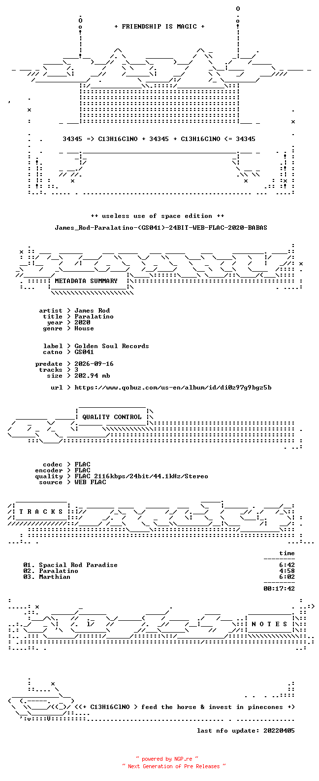NFO for the release James_Rod-Paralatino-(GS041)-24BIT-WEB-FLAC-2020-BABAS by BABAS